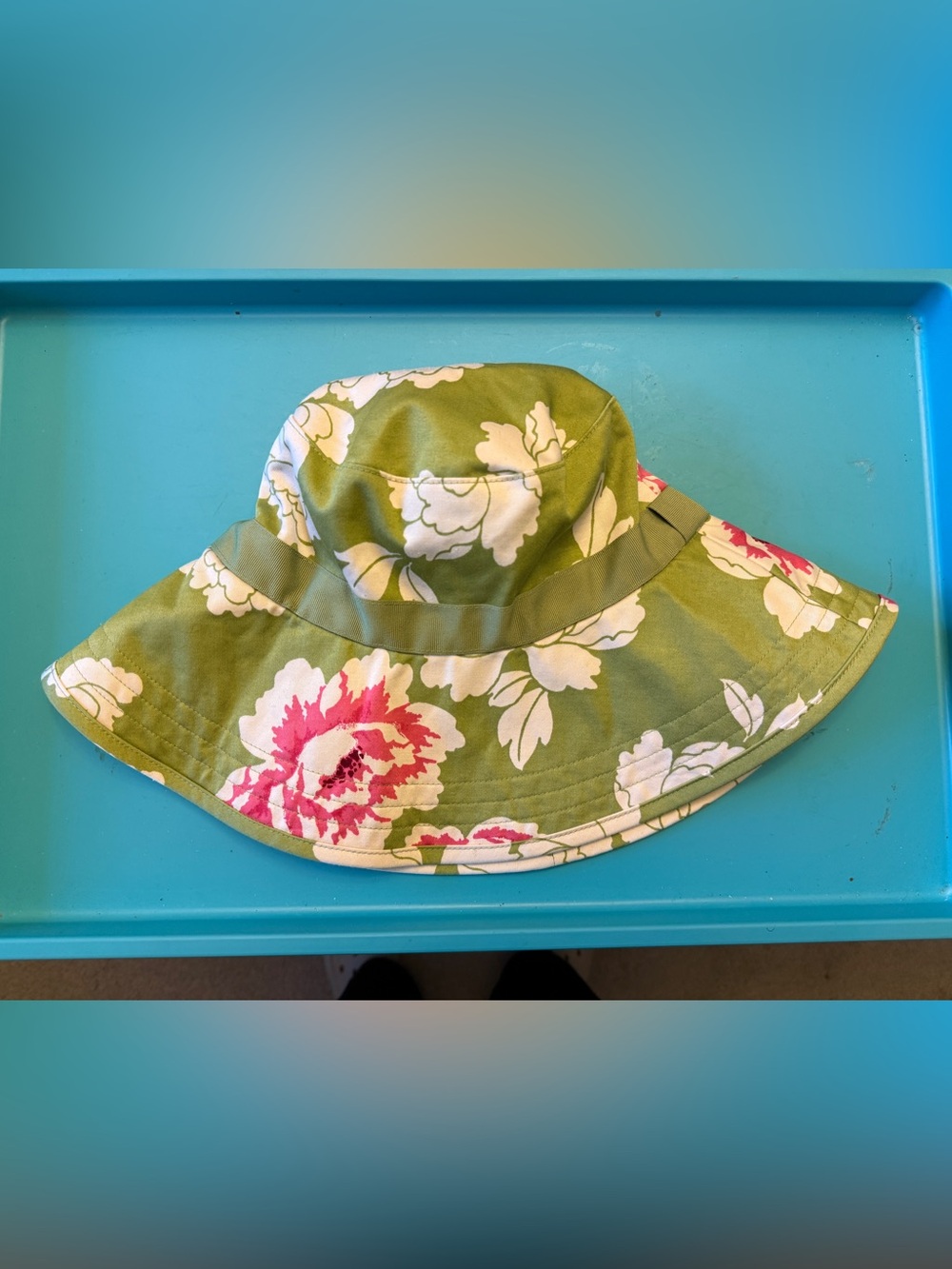 New NWT Banana Republic Green Sun cotton Hat floral Pink White flowers wide M L